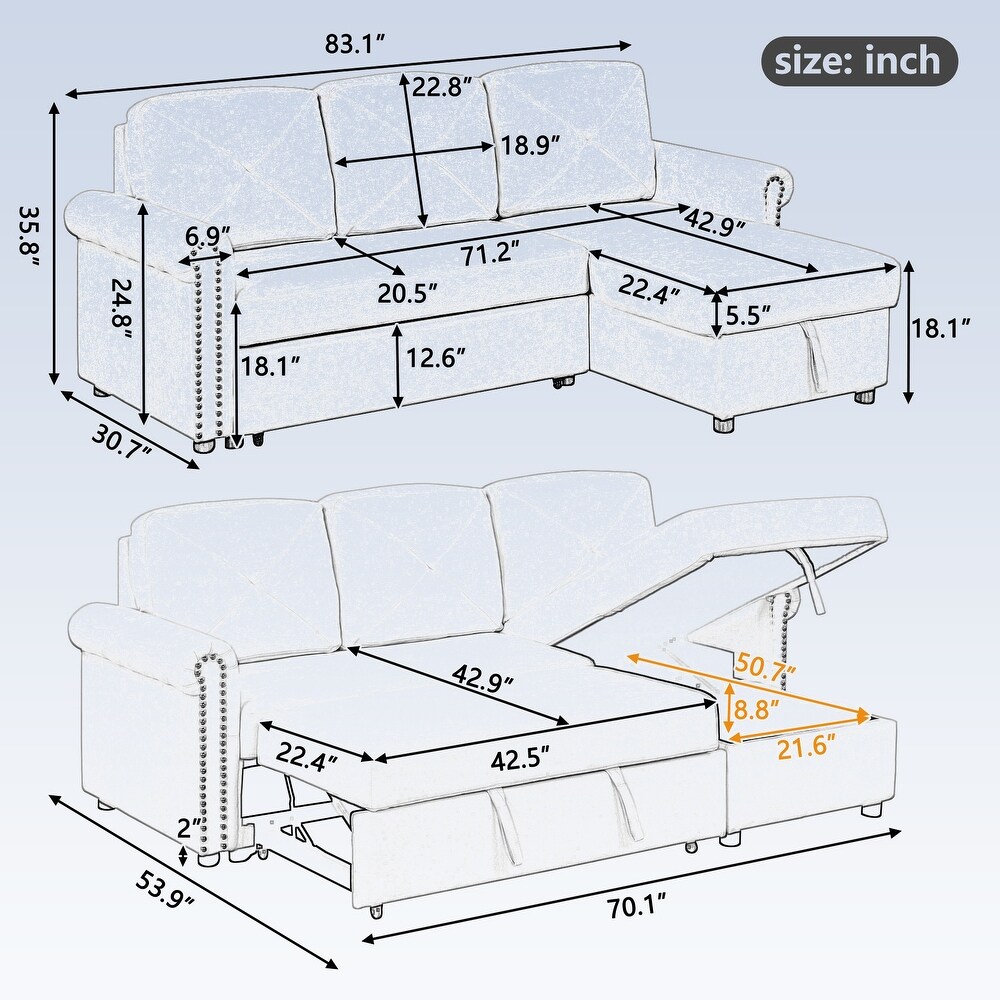 Modern Sleeper Sofa Bed Convertible Sectional Couch with Storage