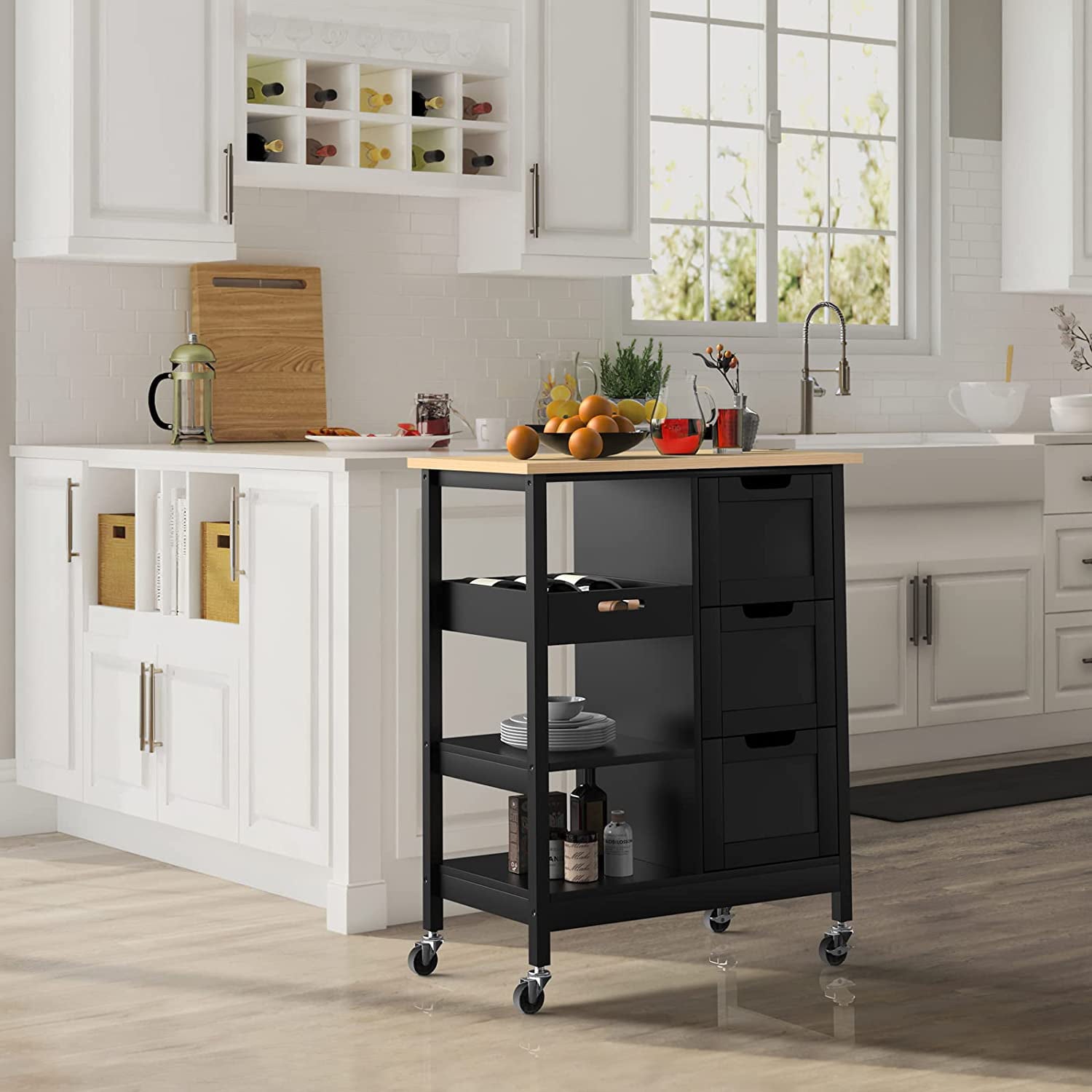 DWVO Mobile Rolling Kitchen Island Cart with Cabinet and Drawers and Towel Bar with 3 Drawers and 3 Storage Shelves， Black