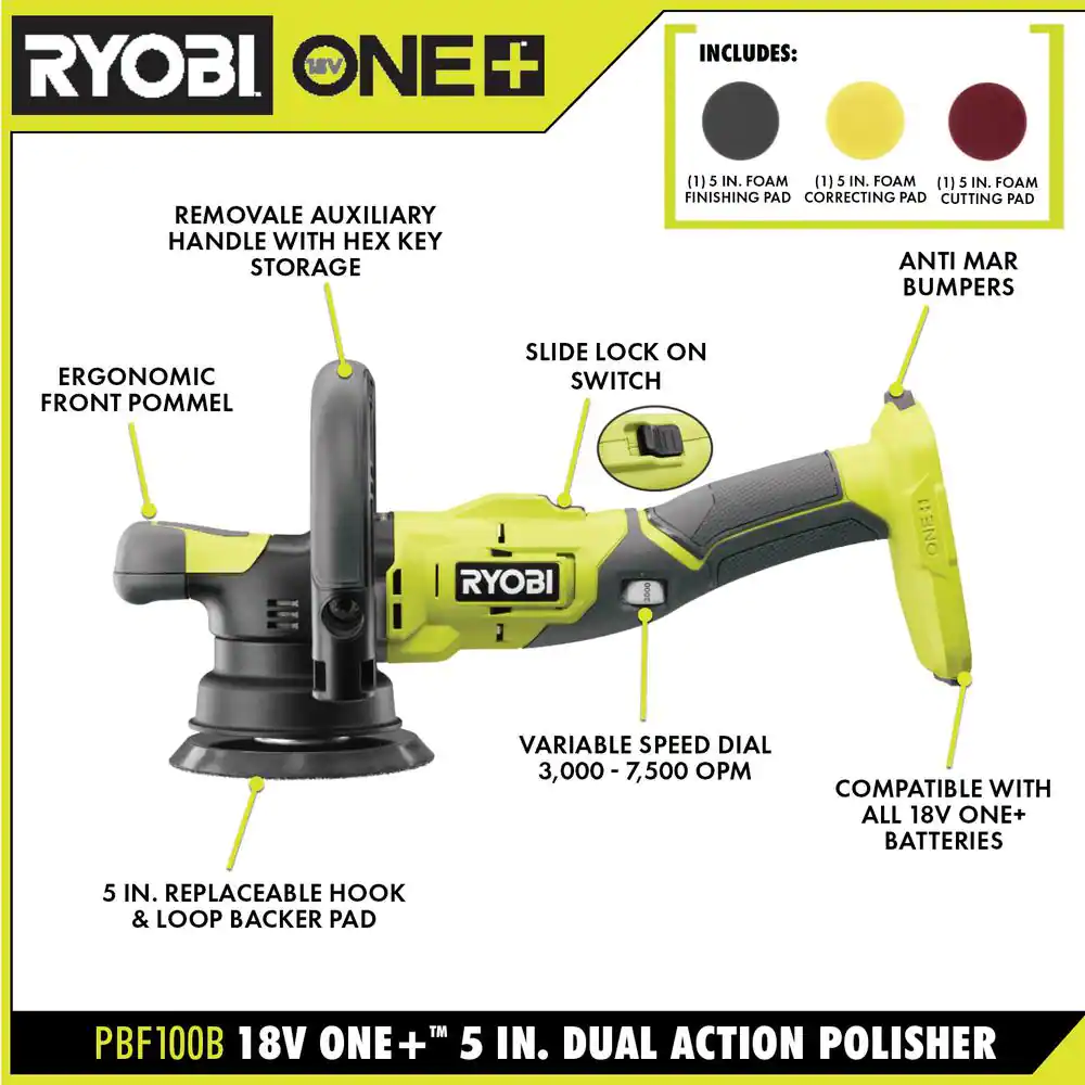 RYOBI PBF100B-A38DA301 ONE+ 18V 5 in. Variable Speed Dual Action Polisher (Tool Only) w/3-Piece Foam Dual Action Polisher Finishing Pad Set