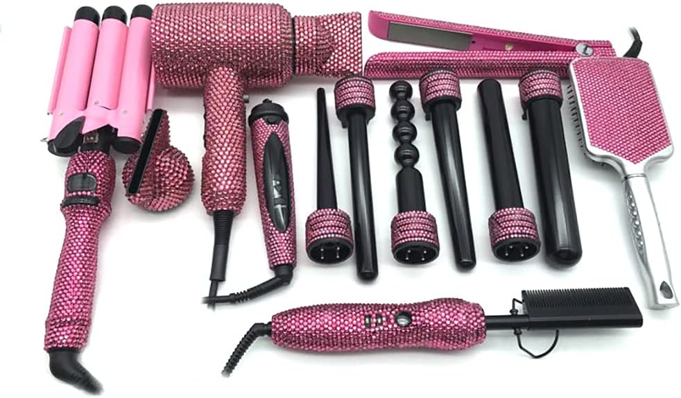 Diamond Hair Curler Ceramic Curling Iron Styling Tools Set Bling Hair Straightener Hot Comb Set (Clear AB)