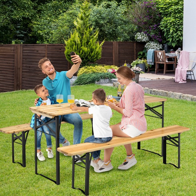 Costway 3 Pcs Beer Table Bench Set Folding Wooden Top Picnic Table Patio Garden