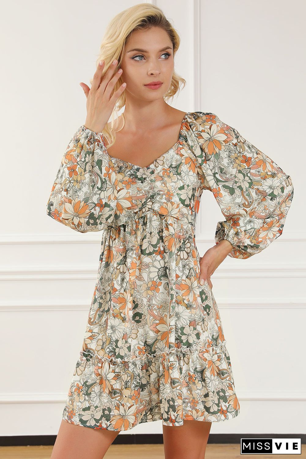 Floral Print Smocked Back Puff Sleeve Mini Dress