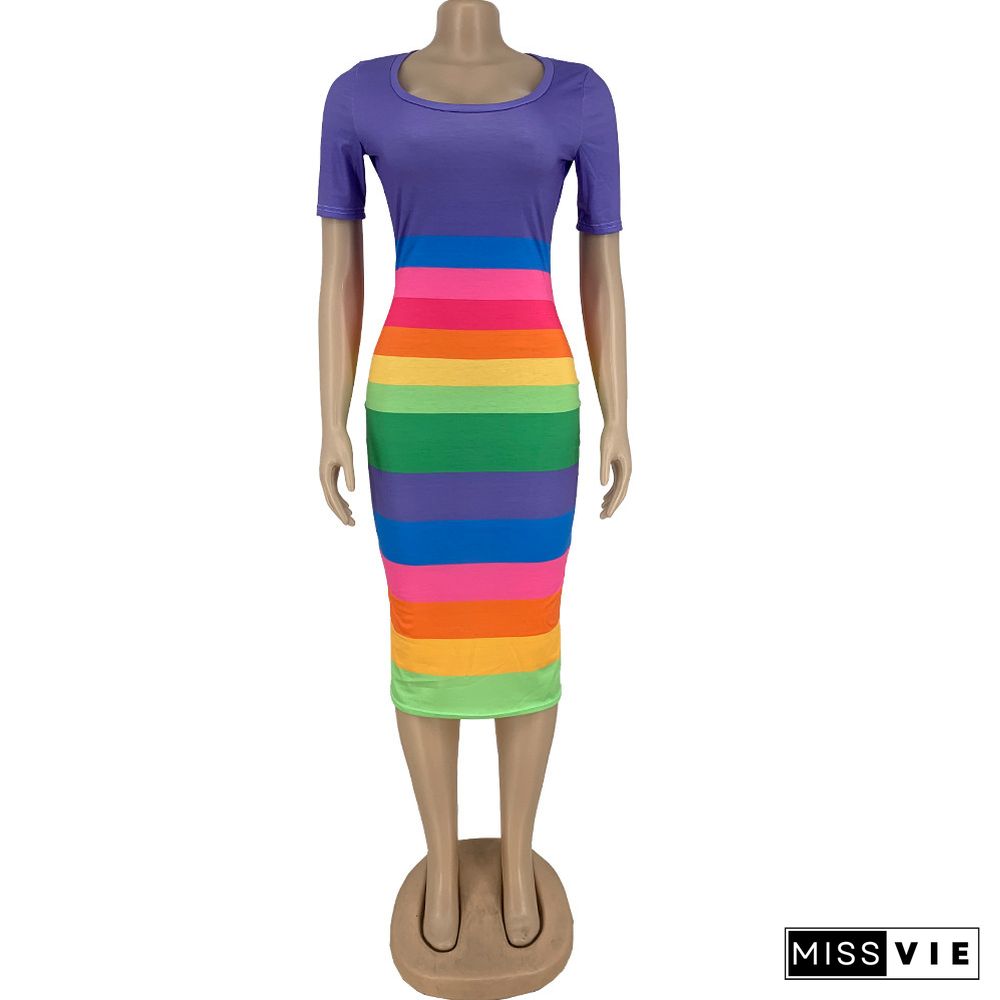 Rainbow Striped Print Body-shaping Short Sleeve Dress