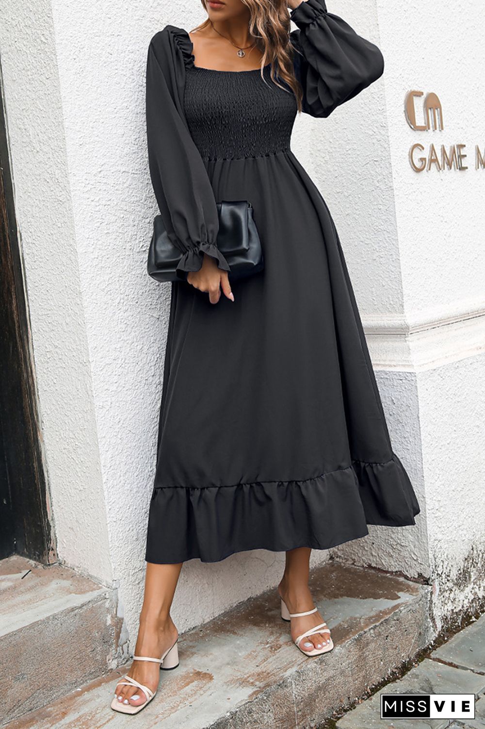 Smocked Square Neck Ruffles Maxi Dress