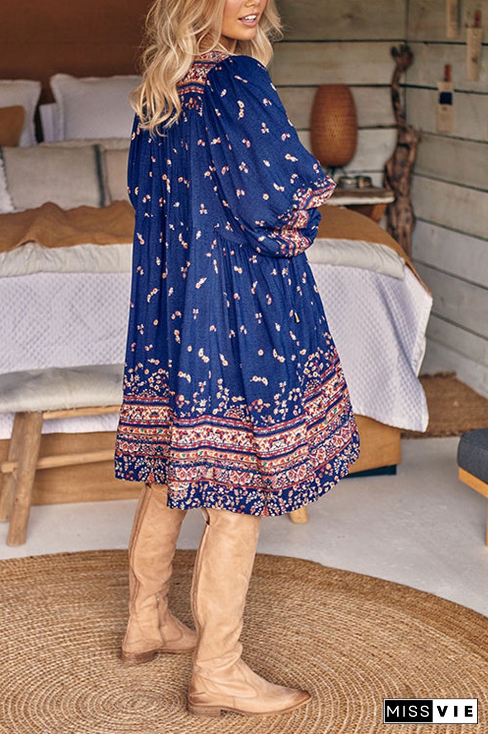 Boho Print Long Sleeve Mini Dress