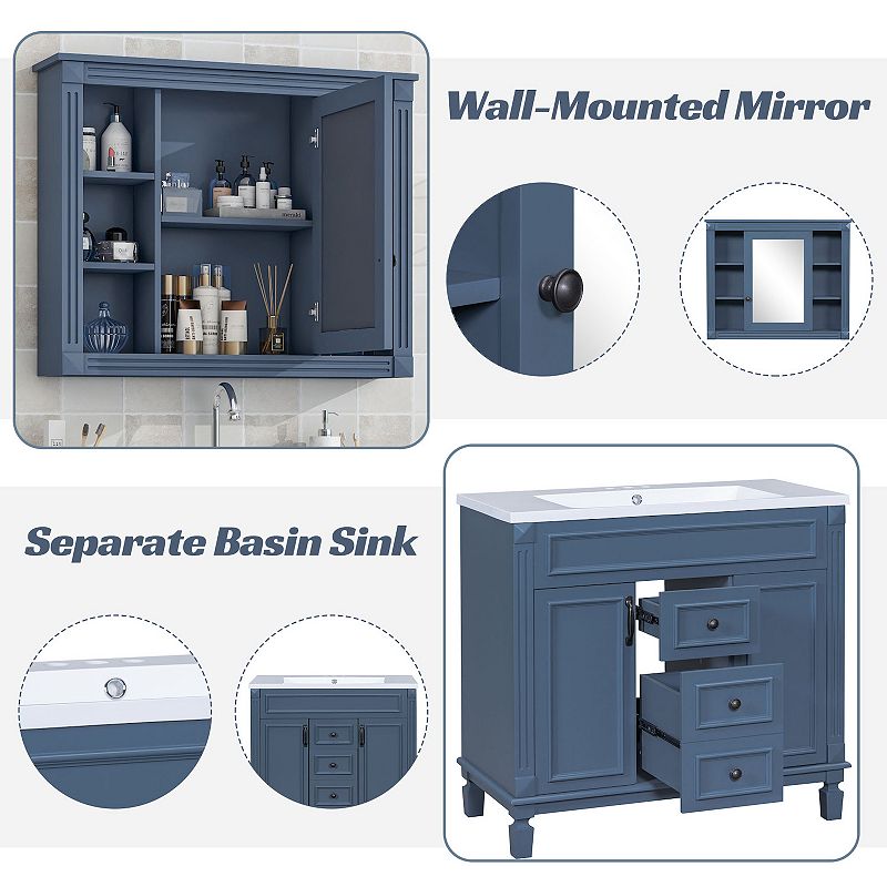 F.C Design 36'' Bathroom Vanity with Top Sink - Royal Blue Mirror Cabinet， Modern Storage Cabinet with 2 Doors and 2 Drawers - Single Sink Vanity