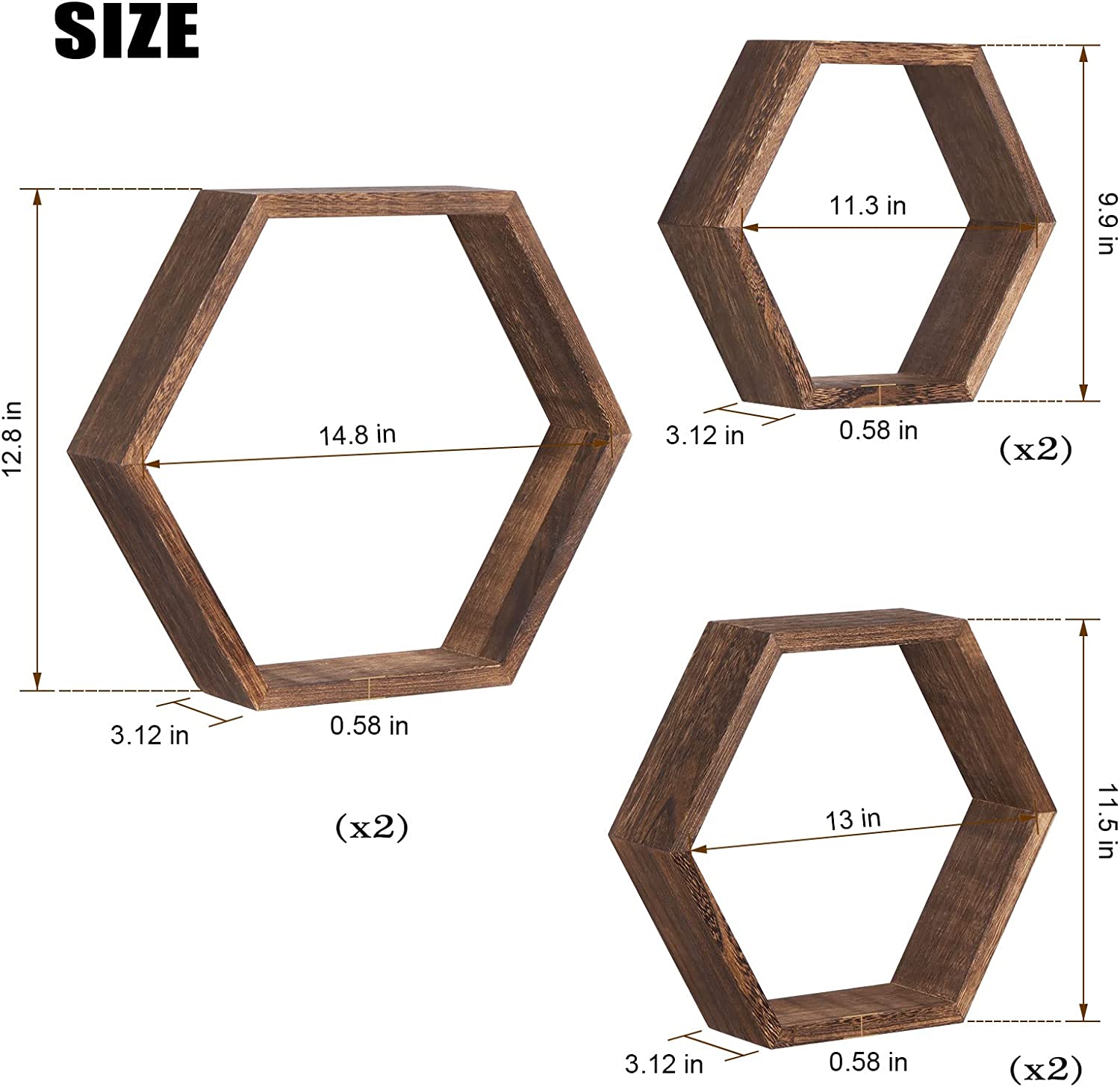 Hexagon Floating Shelves Set of 6 Honeycomb Shelves for Wall, Brown