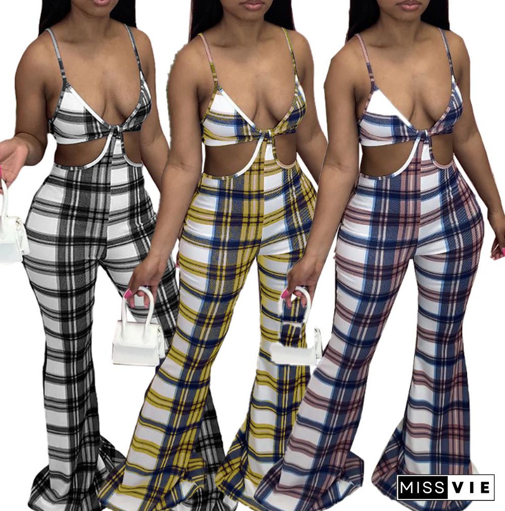 Plaid Printed V Neck Cut Out Sleeveless Flared Halter Jumpsuits