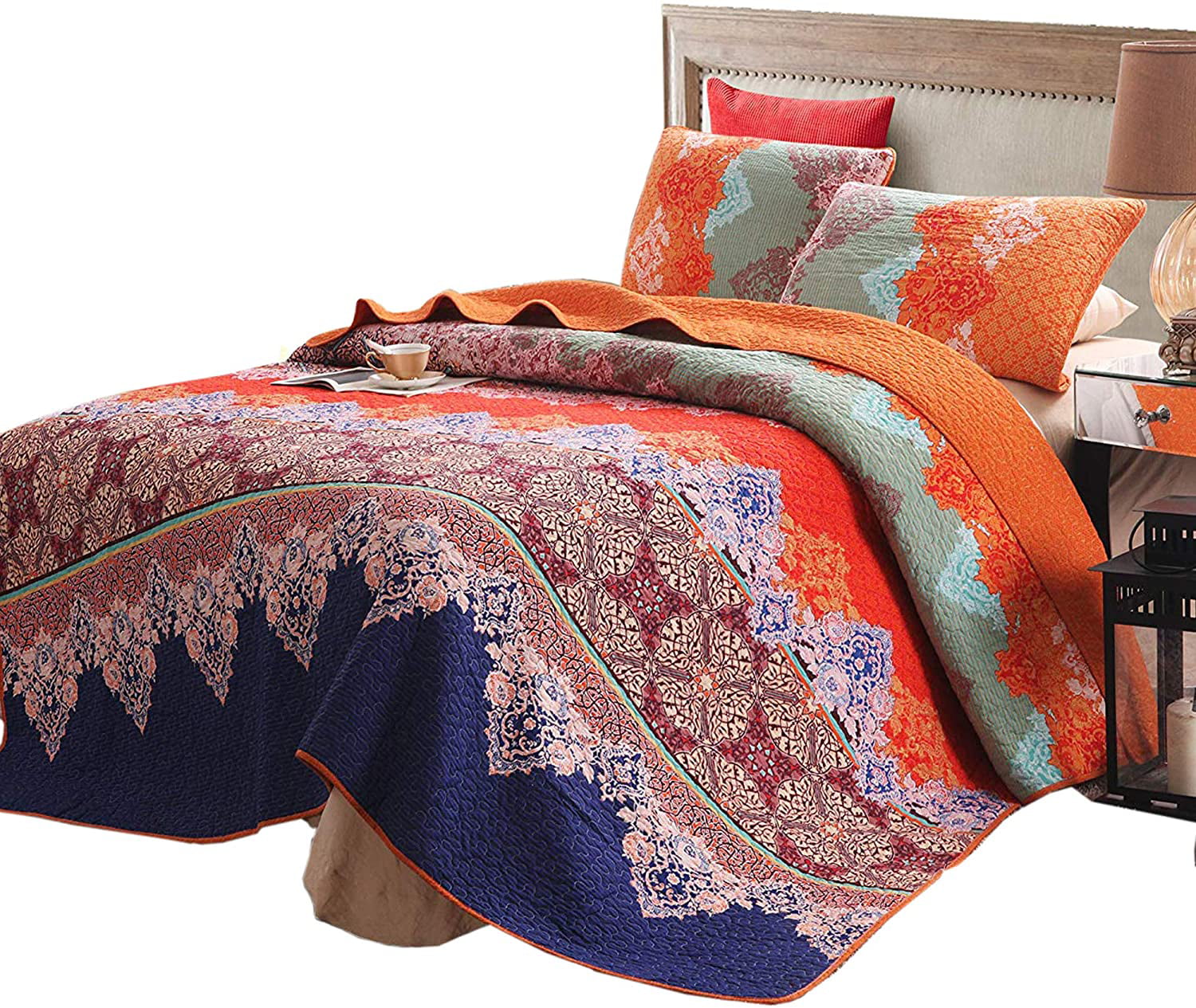 Exclusivo Mezcla Cotton 3-Piece Reversible Printed Boho Quilt Set， Full/Queen (92x88 Inch) Quilt Set as Bedspread/Coverlet/Bed Cover- Lightweight， Reversibleand Decorative