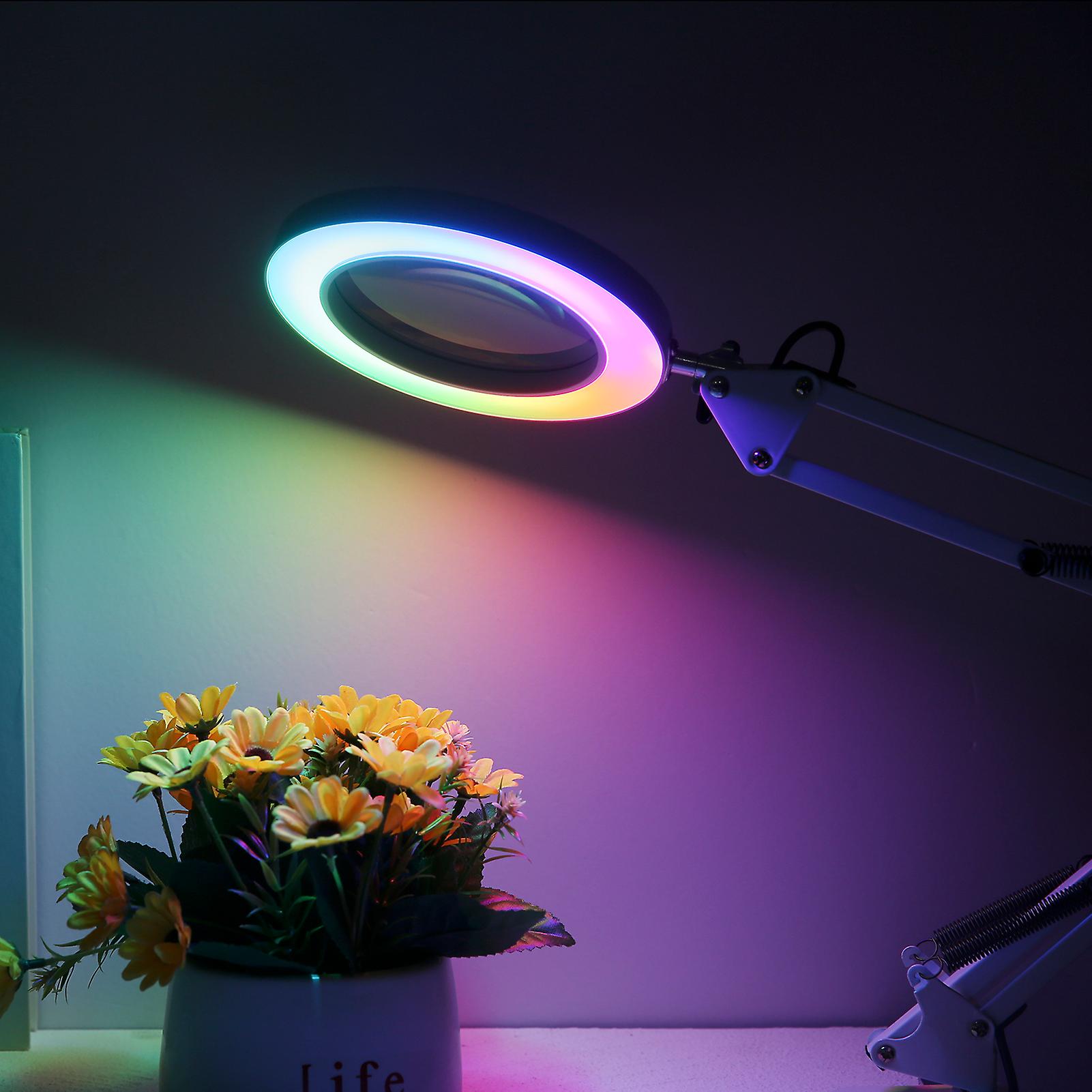 D C5v 2a 8w 80leds Desk Light With 5x Magnifier Swing Arm Clamp-on Table Lamp Usb Powered With Controller 3 Colors Temperature Changing/ 10 Levels Dim