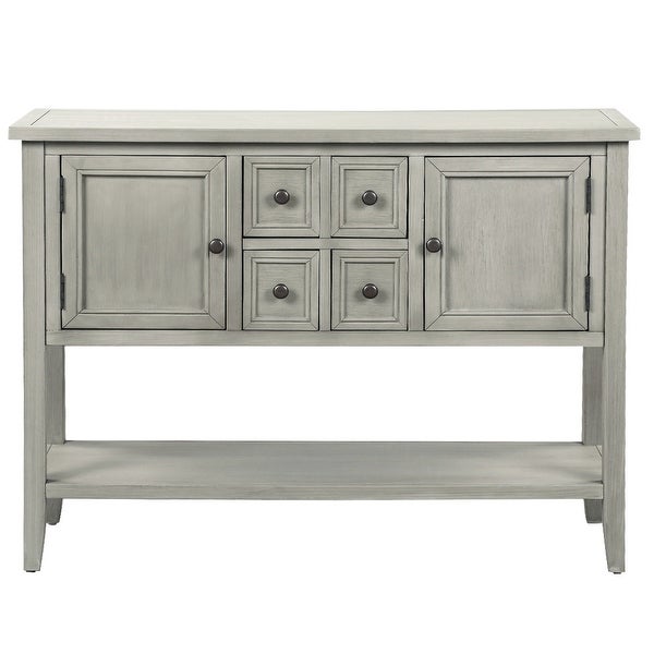 Wooden Console Table with 4 Storage Drawers and 2 Cabinets， Sofa Table with Bottom Shelf and Solid Wood Legs， Antique Gray