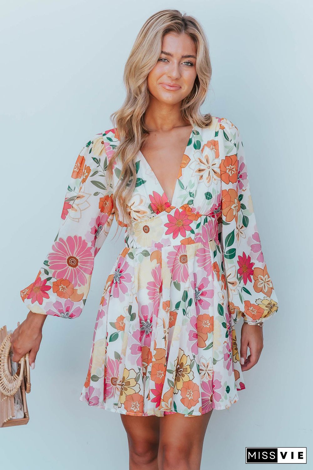 White Boho V Neck Bubble Sleeves Floral Dress