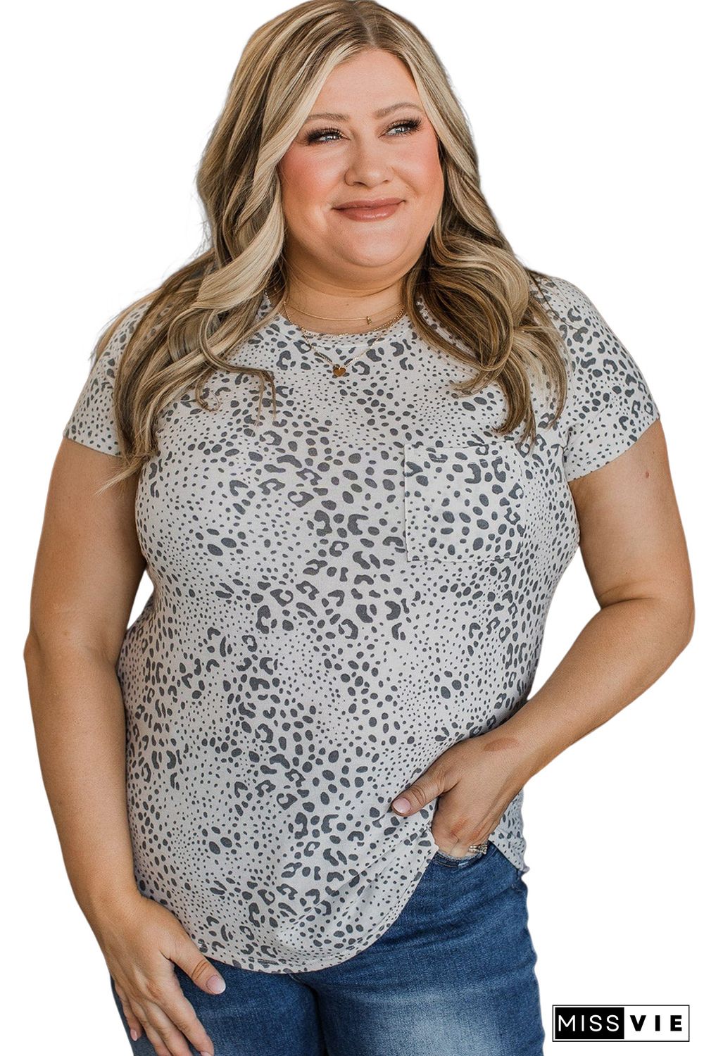 Gray Plus Size Spotted Animal Print Chest Pocket T-shirt