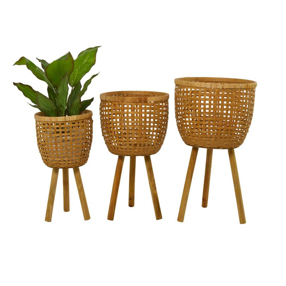 Litton Lane 26 in. 23 in. and 20 in. Large Brown Bamboo Handmade Woven Planter (3- Pack) 041957