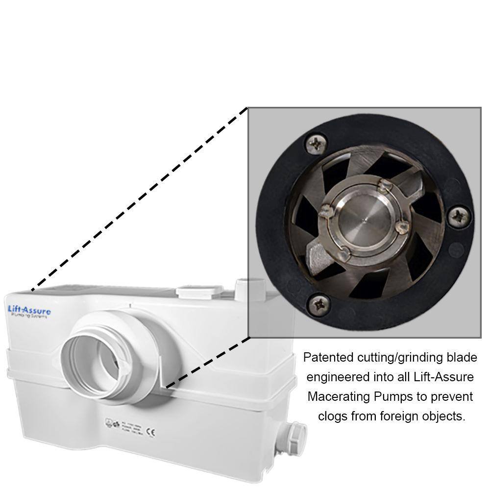 LIFT ASSURE Rear Outlet P-Trap Macerating 3-piece 1.28 GPF Dual Flush Round Toilet in White Seat Included Plus 1HP Pump LARound