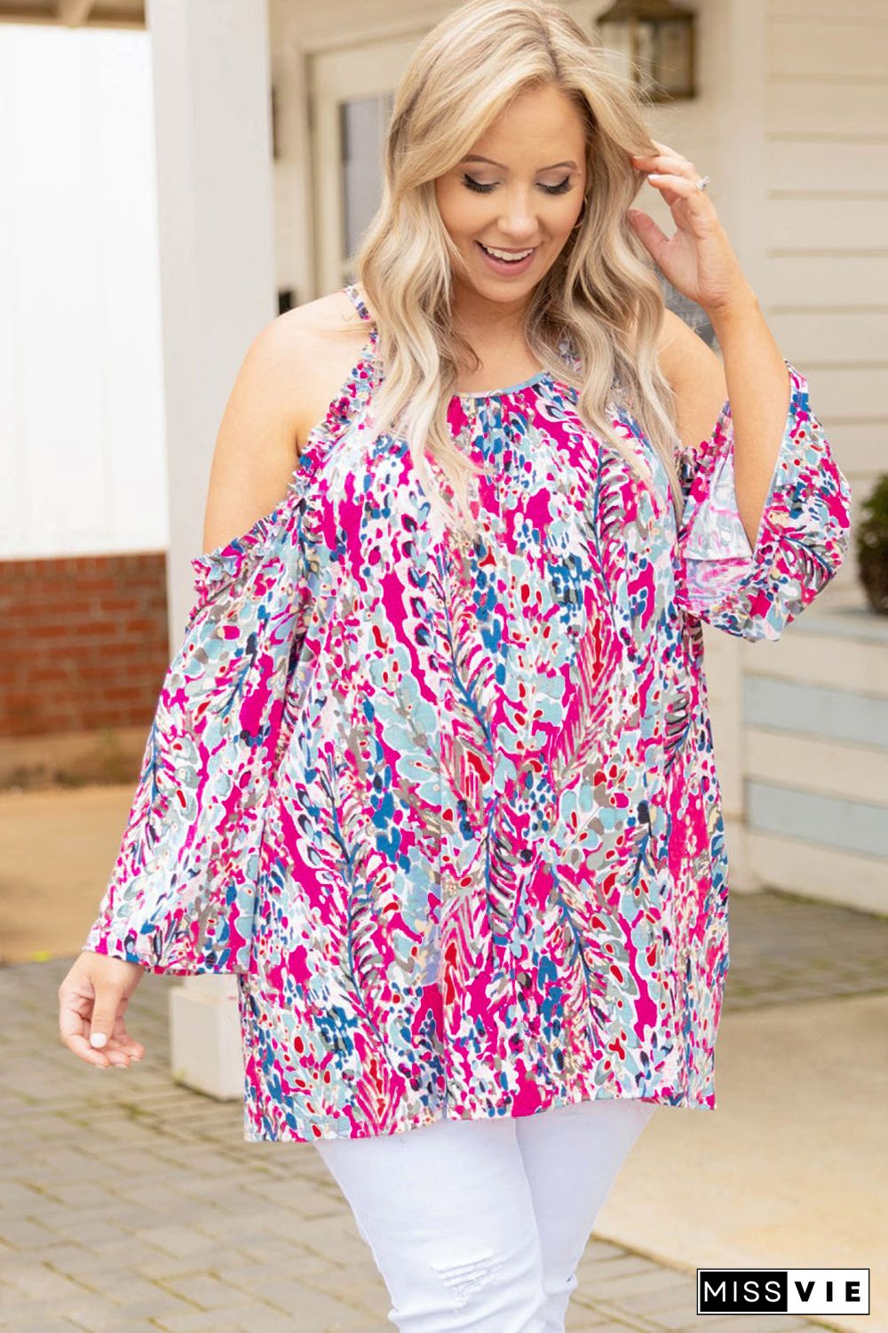 Floral Print Cold Shoulder Plus Size Top