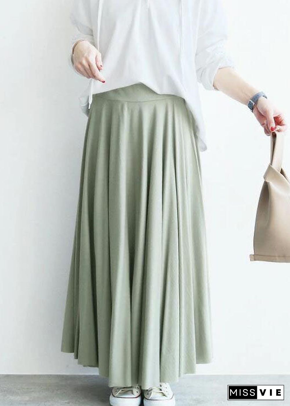 Elegant Light Green Wrinkled Exra Large Hem Cotton Skirt Spring