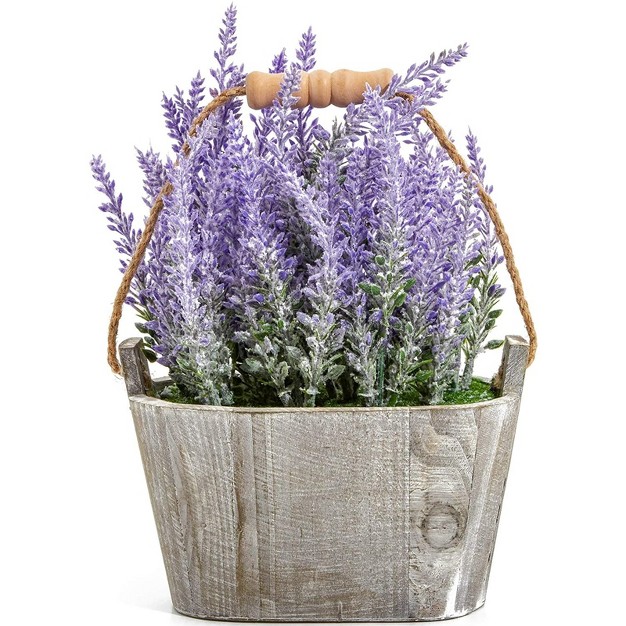 Artificial Lavender Fake Flower Plant In Rustic Oval Wooden Box For Decorations