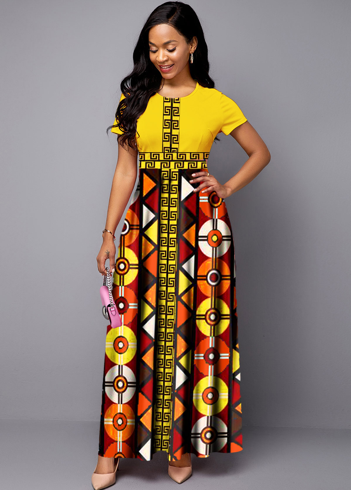 Round Neck Bohemian Print Short Sleeve Maxi Dress