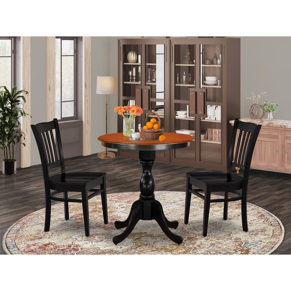 East West Furniture 3 Piece Dining Furniture Set  a Round Dining Table with Pedestal and 2 Wood Seat Chairs  Black   Cherry