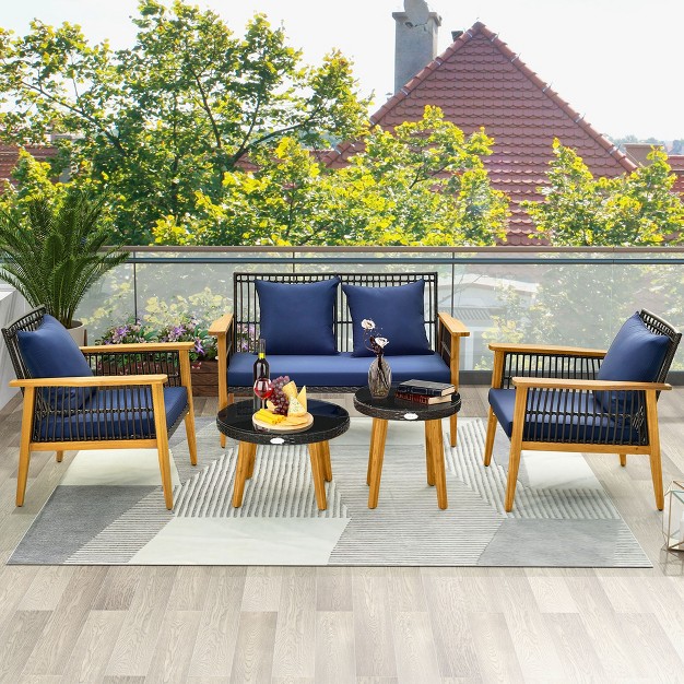 Costway 5pcs Outdoor Rattan Woven Conversation Set Stable Acacia Wood Frame For Backyard Navy beige