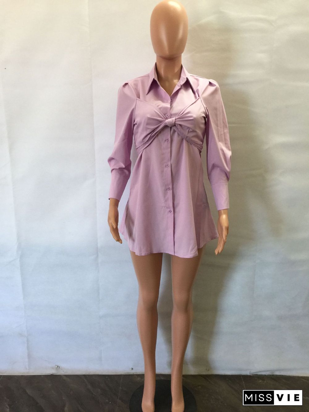 Solid Color Bowknot Decor Long Sleeve Shirt Dress