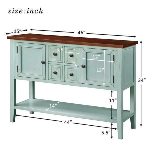 Wooden Console Table with 4 Storage Drawers and 2 Cabinets， Sofa Table with Bottom Shelf and Solid Wood Legs， Retro Blue