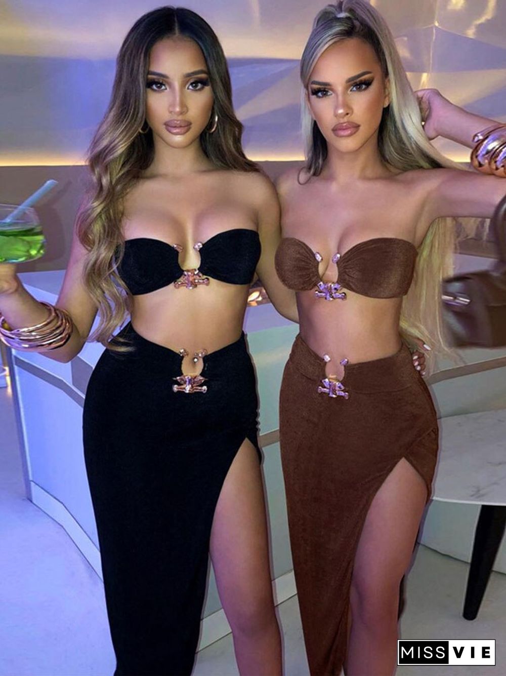 Velvet Sexy Strapless Crop Tube Top High Waist Slit Maxi Dress 2 Pcs Suits Fall Women Fashion Streetwear Vestido