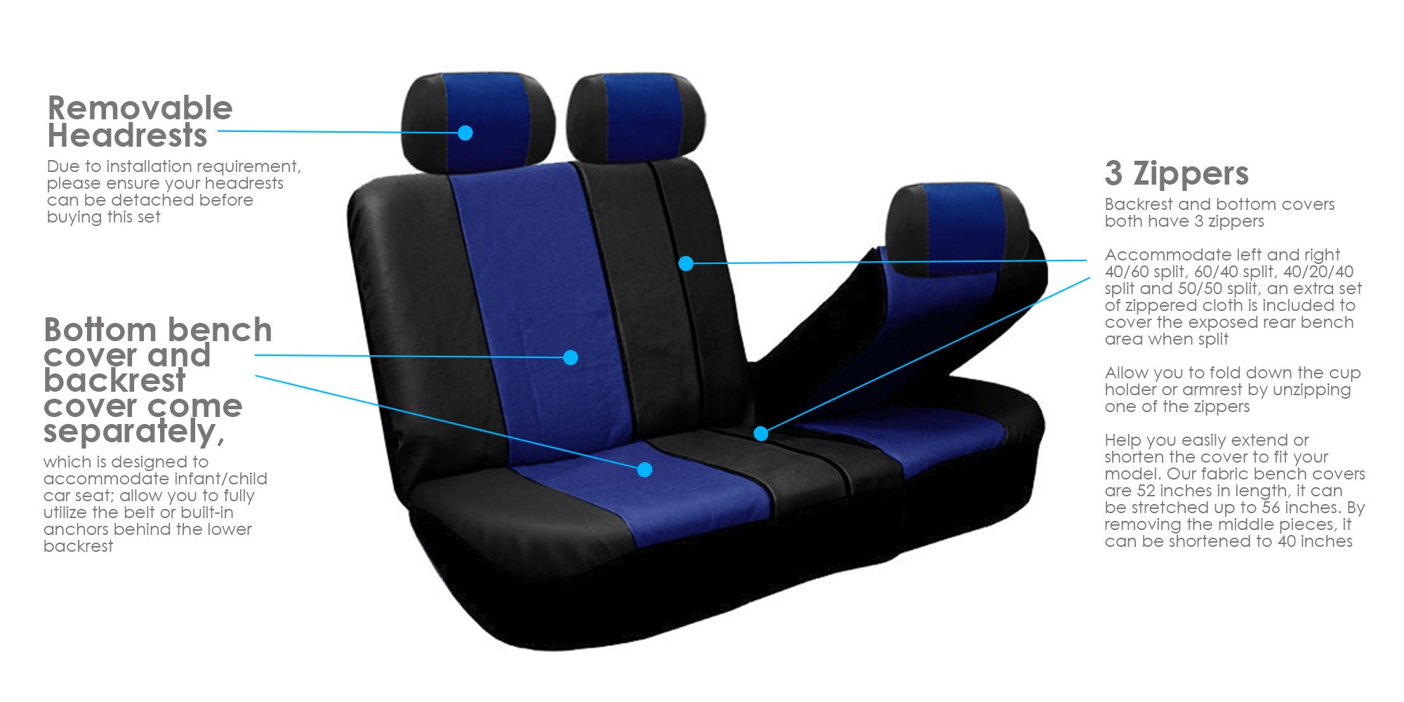 FH Group Racing Faux Leather Airbag Ready Split Bench Car Seat Covers， Full set with Carpet Floor Mats， Blue