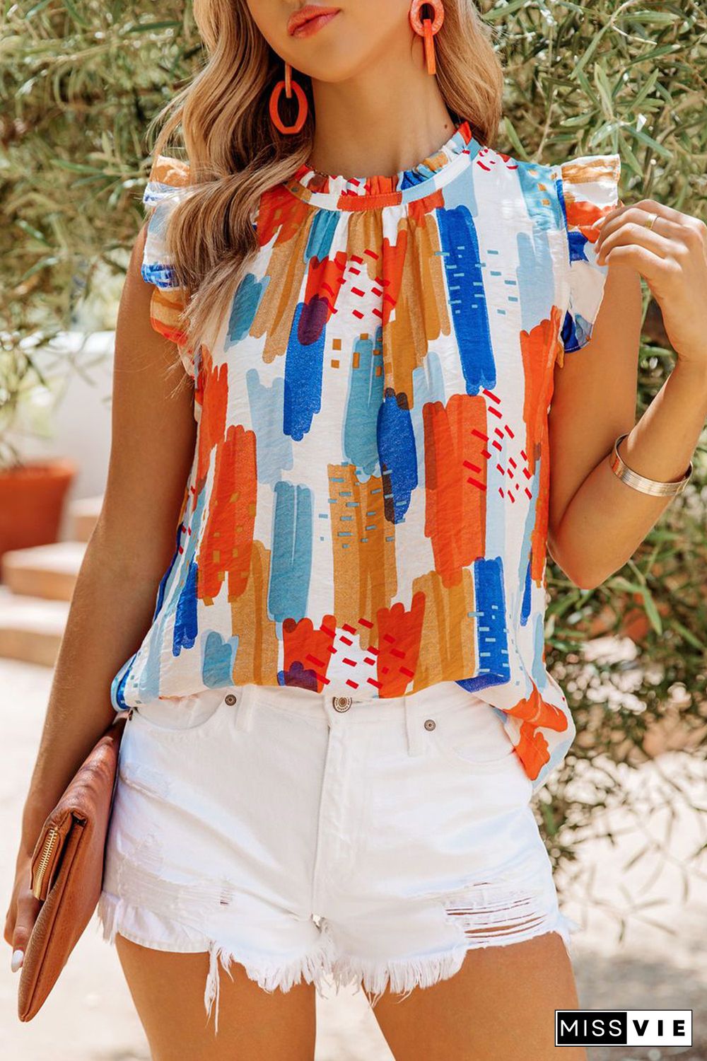 Multicolor Printed Ruffle Flutter Sleeve Tank Top