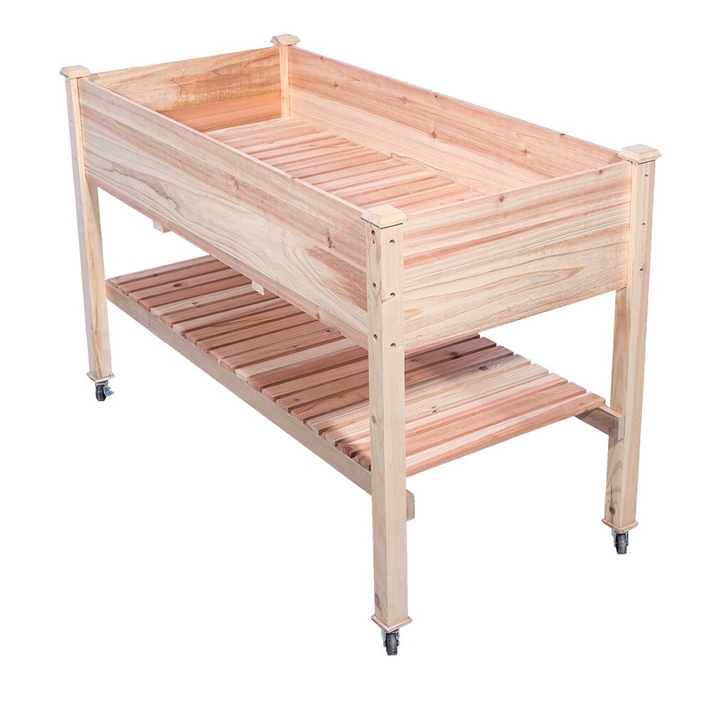 48 in x 32 in x 23 in Wooden Elevated Planter with Shelf and Wheel   48x32x23