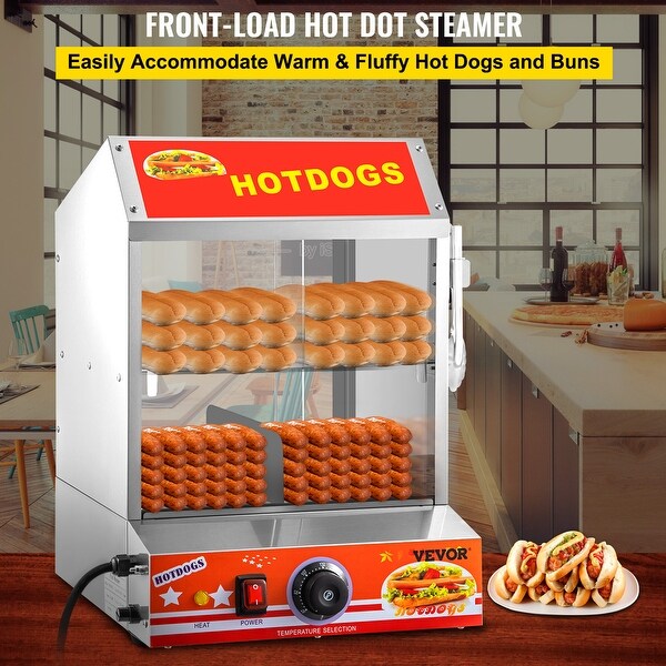 VEVOR 2-Tier Hot Dog Steamer 27L/24.52Qt Hut Steamer for 175 Hot Dogs and 40 Buns W/ Slide Doors - 2Tier