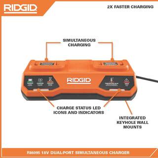 RIDGID 18V Dual Port Simultaneous Charger with 18V 2.0 Ah Compact Lithium-Ion Battery (2-Pack) AC86095-AC8400802P