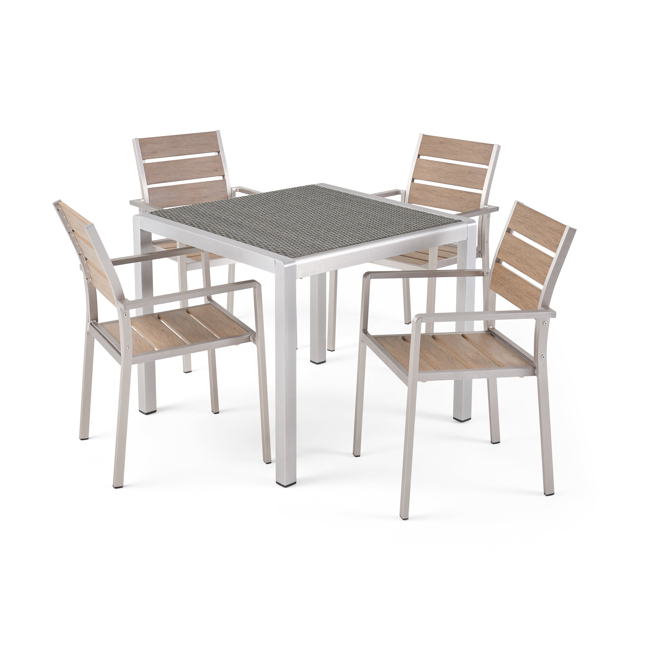 Cherie Outdoor Modern Aluminum 4 Seater Dining Set with Faux Wood Seats and Wicker Table Top