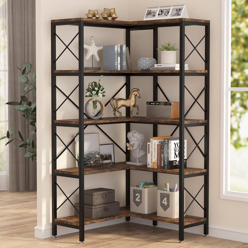 BYBLIGHT Eulas 65.74 in. BlackBrown Engineered Wood 5-Shelf Standard Corner Bookcase with Storage Display Rack for Living Room BB-JW0173XF