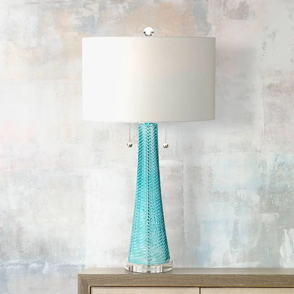 Modern Table Lamp Light Aqua Blue Textured Glass - 15