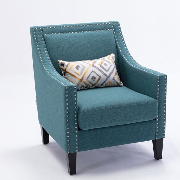 Linen Accent Armchair Living Room With Nailheads And Solid Wood Legs