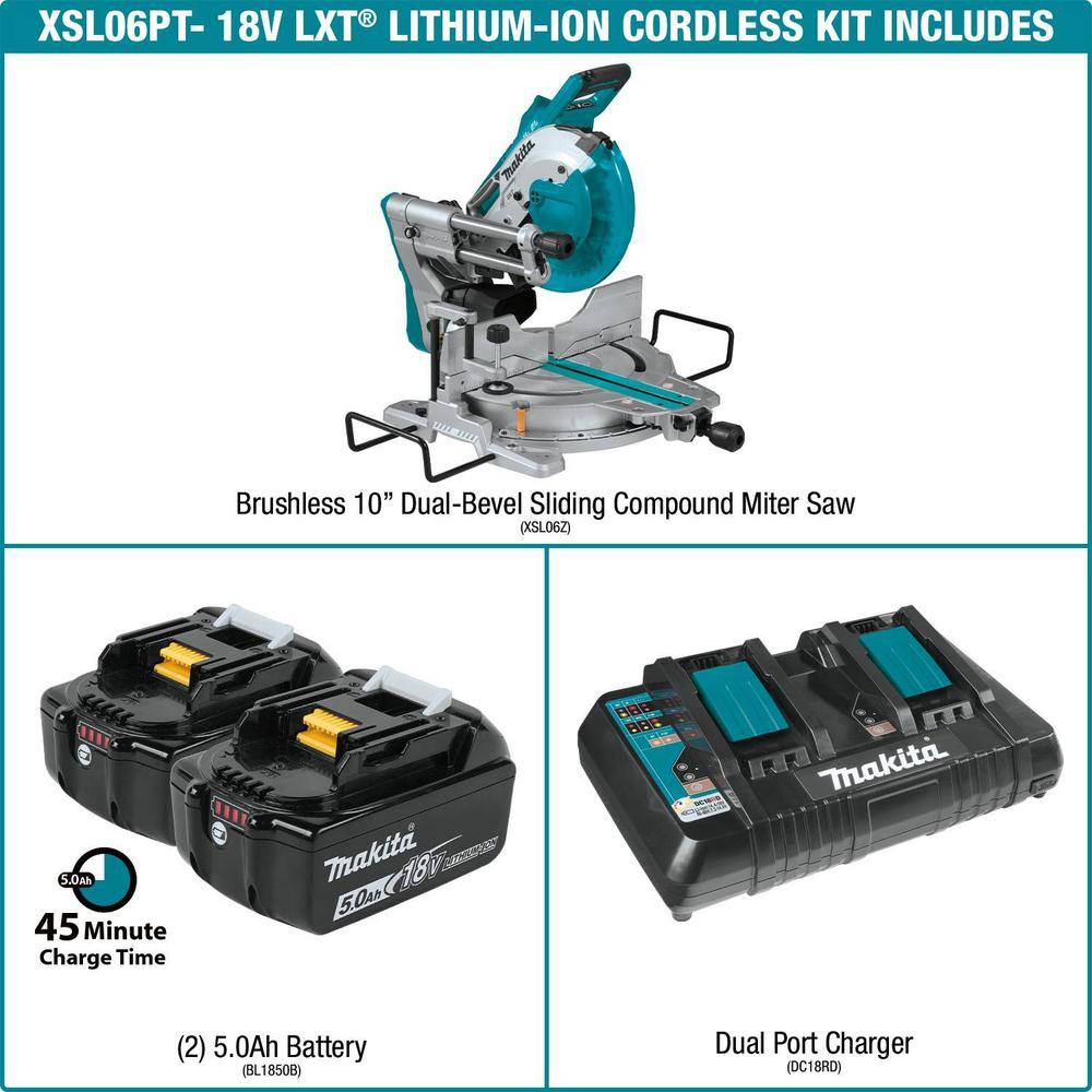 Makita 18V 5.0Ah X2 LXT Lithium-Ion (36V) Brushless Cordless 10 in. Dual-Bevel Sliding Compound Miter Saw with Laser Kit XSL06PT