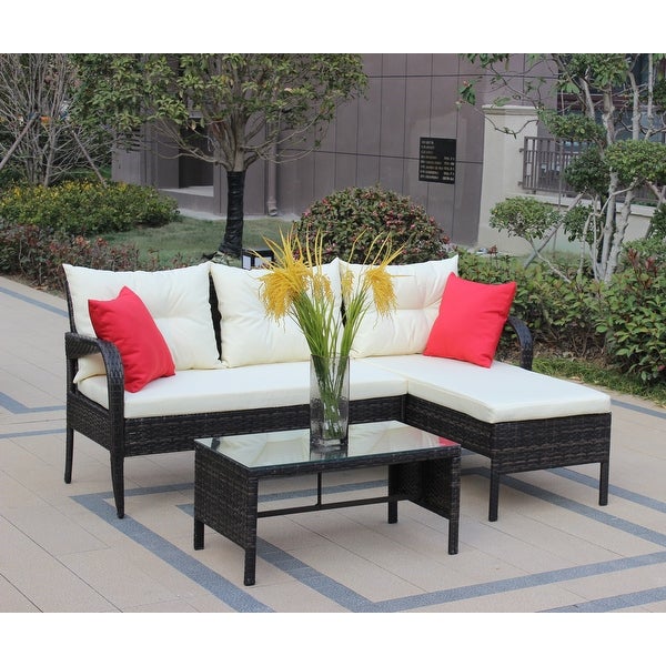 3-Pieces Outdoor Patio Furniture Sets for 3-4， Wicker Rattan Sectional Conversation Set with 2 Seat Cushions and 3 Back Cushions - Overstock - 37426701