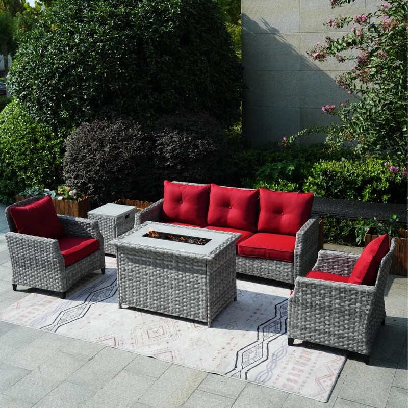 5 Piece Patio Wicker Sofa Set with Firepit Table and Rain cover