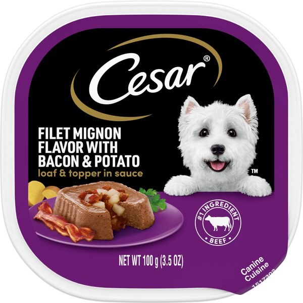 Cesar Loaf and Topper in Sauce Filet Mignon Flavor with Bacon and Potato Dog Food Trays