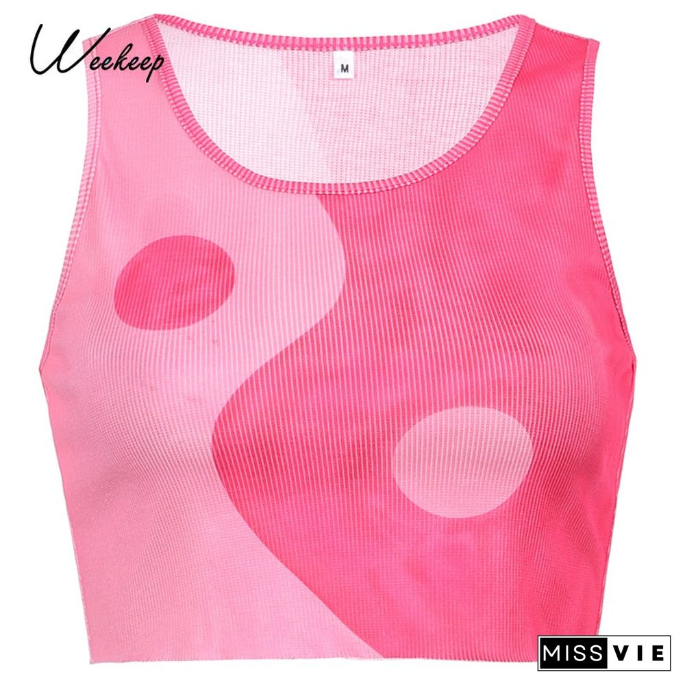 Weekeep Vintage Chinese Style Print Ribbed Crop Top Women Sleeveless Tank Top Summer Punk Fitness New Streetwear 90s Fashion Tee