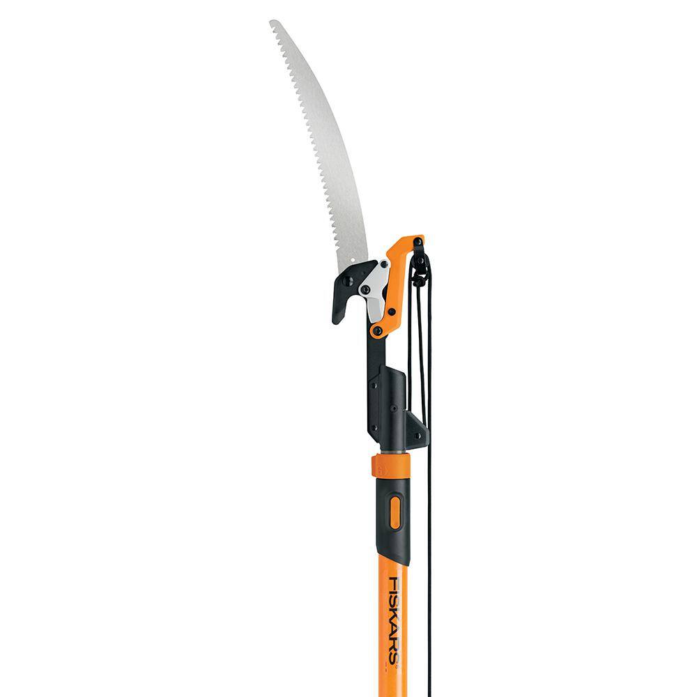 Fiskars PowerLever 1-18 in. Cut Capacity Steel Saw Blade 15 in. Fiberglass Pole 14 ft. Tree Pruner 393981-1002
