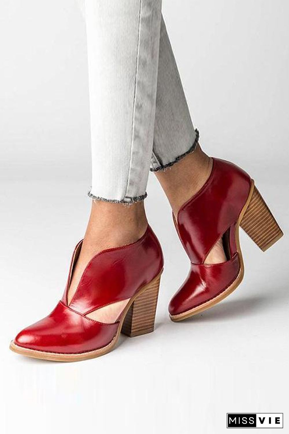 V Cutout  Chunky Heel Ankle Boots