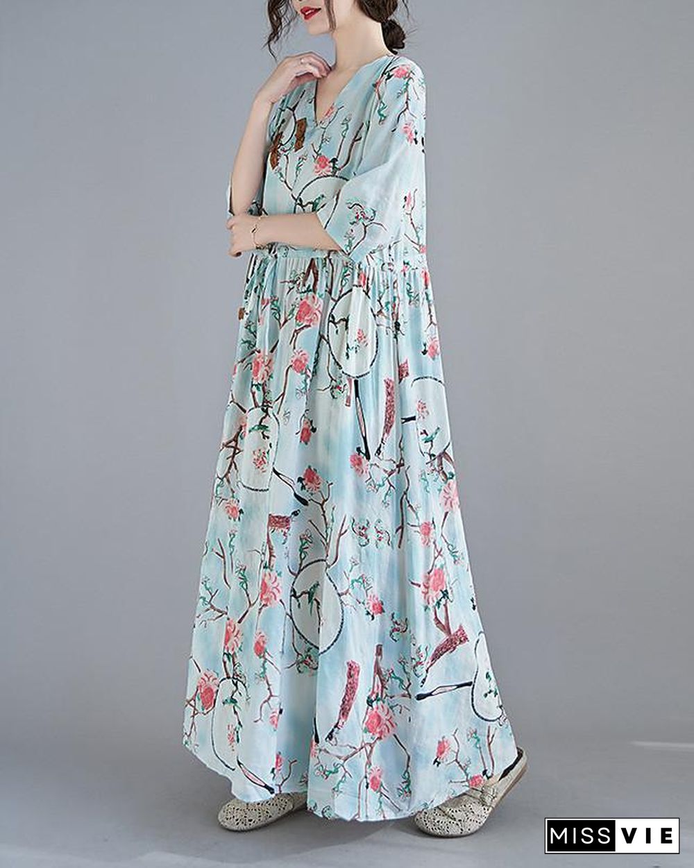 Women's Swing Dress Maxi long Dress 3/4 Length Sleeve Floral Spring Summer Casual Blushing Pink Light Blue M L XL XXL