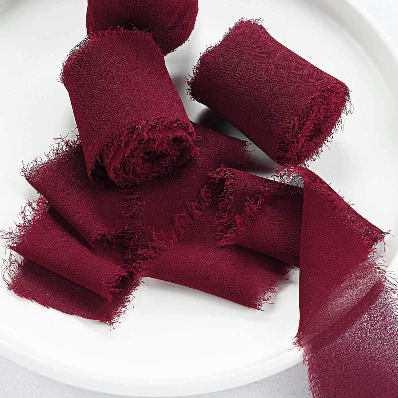 2 Pack Burgundy Silk-Like Chiffon Linen Ribbon Roll For Bouquets, Wedding Invitations Gift Wrapping 6yd