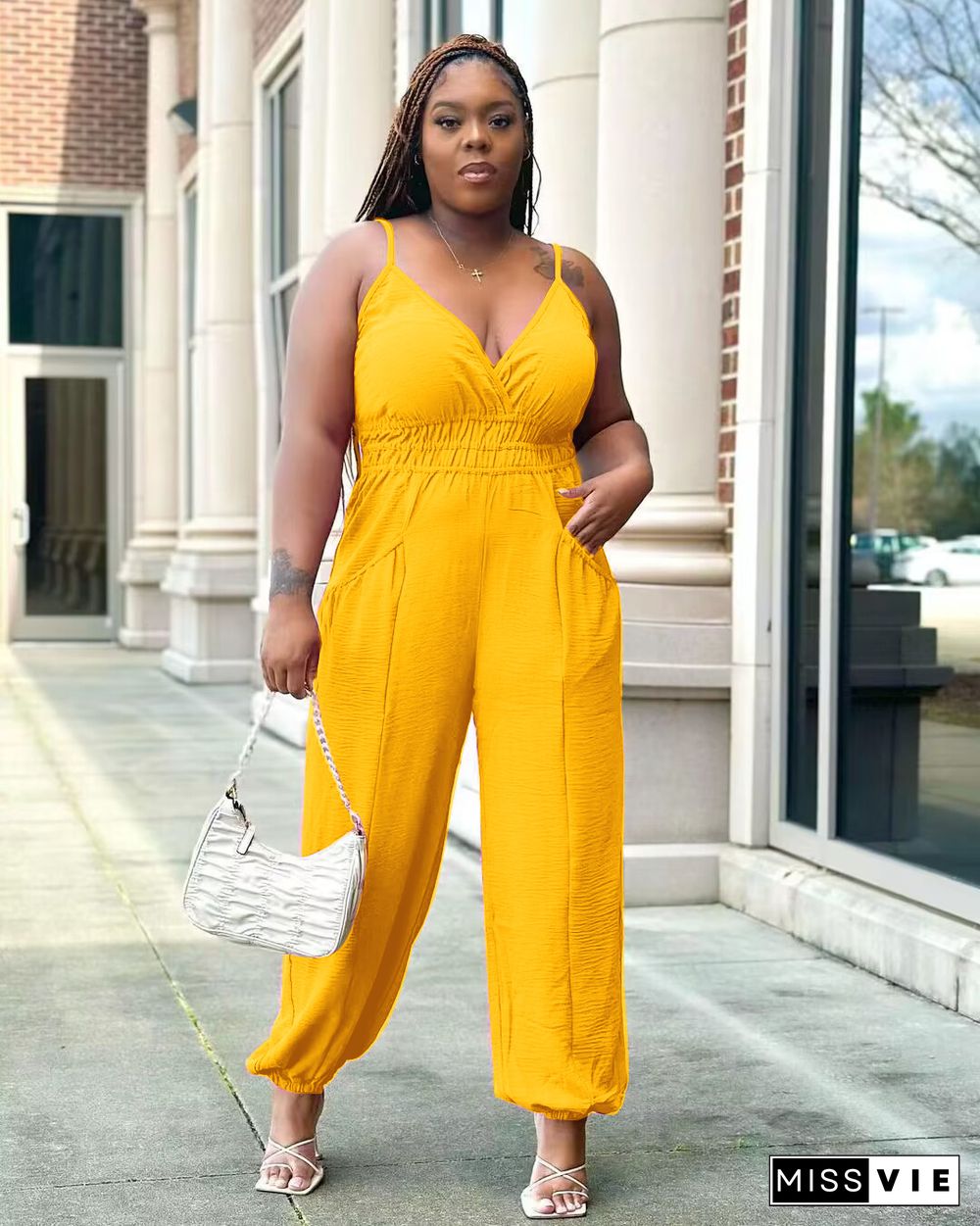 5XL Plus Size V Neck Spaghetti Strap Loose Jumpsuits