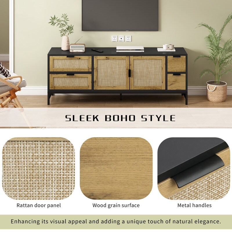 59.09'' Boho Style TV Stand for TVs up to 65 in with Wood Grain Surface and Adjustable Shelves