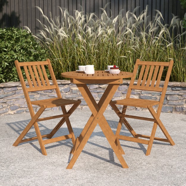 Merrick Lane Three Piece Solid Acacia Wood Folding Patio Bistro Set With Lightweight Round Table And Two Chairs Natural