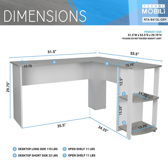 Techni Mobili Modern L Shaped Desk with Side Shelv...